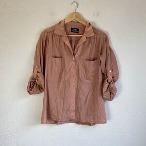 Patty Woodard Blouse Womens Medium Pink Good Roll Tab Sleeve Vintage Button Up